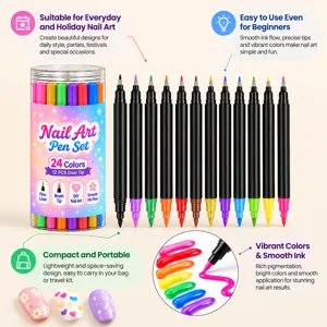 Παρουσίαση 12 διπλών μαρκαδόρων nail art σε διάφορα χρώματα, με διάφανη θήκη και λεπτές μύτες