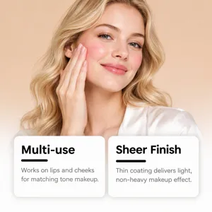 Close-up of a woman touching a rosy cheek; text notes sheer, lightweight color for lips and cheeks.