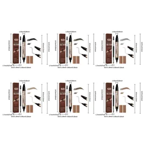 Six brow pencil shades shown with boxes, dual-ended pencils, brow examples and color swatches