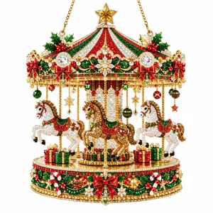 Kerstcarrouselhanger met gouden ketting, paarden en fonkelende feestelijke details in rood en groen