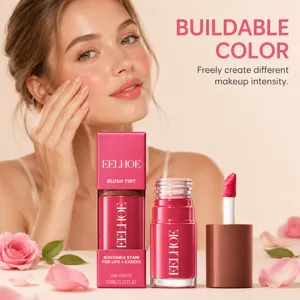Beauty display showing a model beside a pink tint bottle, open applicator, box, and rose petals