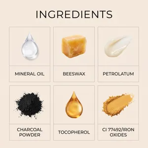 Ingredient chart with mineral oil, beeswax, petrolatum, charcoal powder, tocopherol and iron oxides