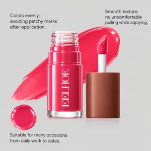 Lip color applicator and open tube beside a vivid rose-pink swatch on a light gray background