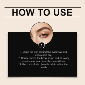 Eyebrow grooming instruction graphic with a close-up eye, numbered step, and tips for shaping brows