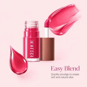 Pink lip tint bottle with applicator, glossy color swatch and liquid drop on a soft pink background