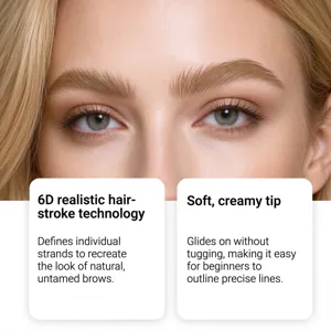 Close-up of brows and eyes, with cards describing 6D hair strokes and a soft creamy tip