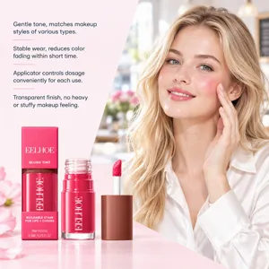 Model with a rosy cheek beside an open tint applicator and bottle, alongside concise product details