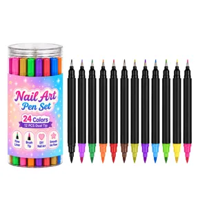 Σετ 12 διπλών στυλό για nail art, 24 χρώματα, με λεπτή μύτη και πινέλο σε διαφανή συσκευασία