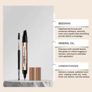 Dual-ended brow pen with spoolie brush and pencil tip beside ingredient callouts on gray display