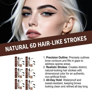Promotional image with defined brows, dual-ended pens, and claims of waterproof, all-day wear