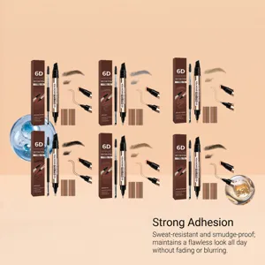 Brow pencils and shade swatches arranged in rows against a peach background, with dual tips