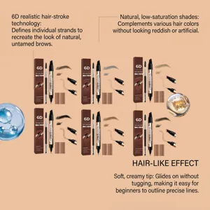 Six brow pencil shades shown with dual-ended tools, color swatches, and hair-like eyebrow results