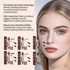 Close-up of natural brows beside dual-ended brow pencils displayed in several shades