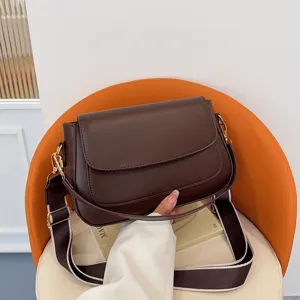Vintage Damen PU Leder Satteltasche Retro Minimalistisch Quadratische Umhängetasche Mit Breitem Schultergurt Mode Einfache Klappen Schultertasche