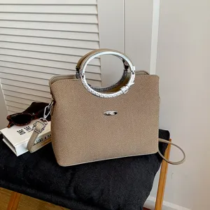 Luxury Women Bucket Bag PU Leather Herringbone Rhinestone Metal Ring Handle Fashion Large Capacity Shoulder Crossbody Bag