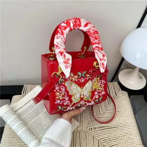 Dames Vlinder Geborduurd Kunstlakleer Handtas Met Zijden Sjaal Handvat Grote Capaciteit Crossbody Schoudertas Voor Reizen Feest Dames Mode Tote Bag