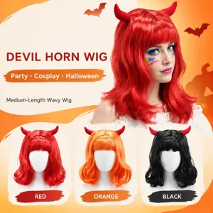 Perruque Synthétique Corne de Diable Cheveux Bouclés Courts Fête Cosplay Scène Coiffure Amusante Style Doux et Cool pour Femmes