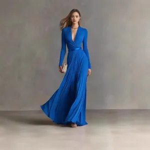 Abito Maxi da Donna Elegante Tinta Unita Scollo a V Manica Lunga Vita Alta Pieghettata Misto Poliestere Abito Lungo Formale