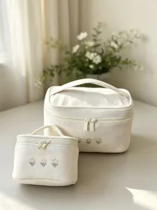 Large Capacity Travel Cosmetic Bag Portable Nylon Makeup Storage Pouch Cute Floral Embroidered Toiletry Bag For Women