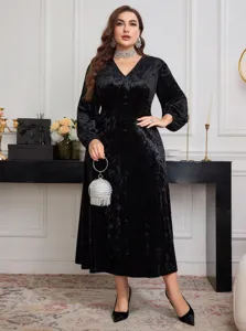 Plus Size Autumn Winter Vintage Velvet V-Neck Lantern Long Sleeve Midi Dress Women Elegant Solid Color Long Dresses