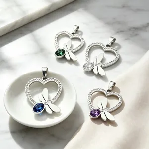 Stainless Steel Hollow Heart Dragonfly Pendant For Women Inlaid Rhinestone Colorful Gemstone Jewelry Accessory Pendant Only Without Chain