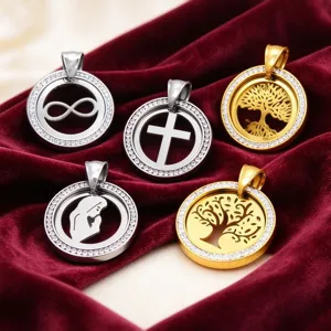 Colgante Redondo de Acero Inoxidable con Estrás Incrustado Hueco Árbol de la Vida Virgen María Cruz Infinito Solo Colgante Sin Cadena