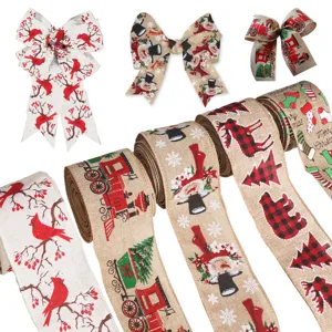 Christmas Faux Linen Ribbon Burlap Decorative Wired Ribbon For Christmas Tree DIY Bows Gift Wrapping Holiday Party Home Decor
