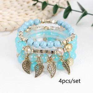 Böhmisch Blatt Anhänger Mehrlagige Perlen Armband Für Damen Herren Glas Legierung Quadratische Perlen Elastisch Strand Schmuck