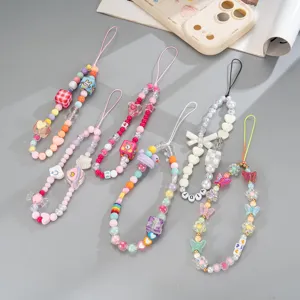 Cadena de Teléfono de Patito Estilo Coreano Color de Caramelo Correa de Muñeca Anti-Pérdida con Cuentas de Acrílico Hechas a Mano Colgante Lindo