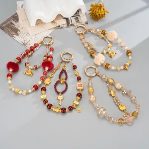 Chinese Style Lucky Cat Sheep Phone Charm New Year Fortune God Beaded Keychain Autumn Winter Plush Ball Bag Pendant