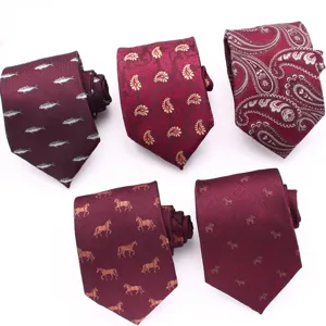 Men Business Formal Polyester Jacquard Wine Red Necktie Wedding Groom Groomsman Striped Paisley Floral Pattern Dress Accessories