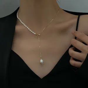 Korean Style Freshwater Pearl Y-Shaped Adjustable Slider Necklace For Women Gold Plated Alloy Baroque Pearl Clavicle Chain