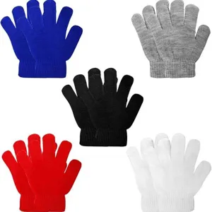 Children's Winter Knitted Gloves Elastic Warm Magic Full Finger Gloves For Boys Girls Ribbed Cuff Solid Color Outdoor Mittens