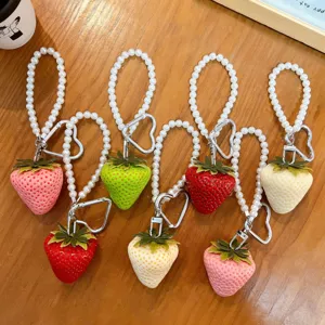 Simulated Strawberry Keychain With Artificial Pearl Chain Cute Heart Clasp Resin Fruit Bag Charm Pendant Car Key Ring For Women Gift