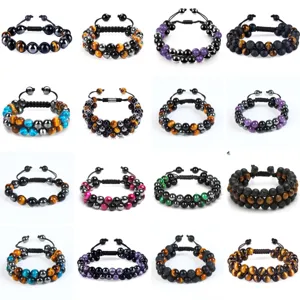 Bracelet Triple Protection en Pierre Naturelle Oeil de Tigre Agate Noire Hématite Tissé à la Main Ajustable Bracelet d'Énergie pour Femmes Hommes Bijoux