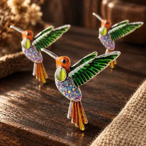Elegante Legering Emaille Kolibrie Broche Met Glinsterende Strass-steentjes En Kattenoogsteen Voor Vrouwen Mode Dierenbroche Sieraden