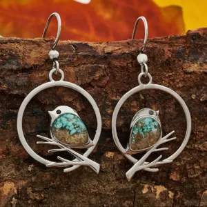 Pendientes de Gancho de Aleación Vintage Turquesa Pájaro En Rama Para Mujer Retro Estilo Naturaleza Animal Pendientes Joyería