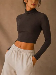 Top Corto de Mujer Cuello Alto Manga Larga Ajuste Ceñido Color Sólido Camiseta Básica Térmica Estilo Británico Streetwear Sexy Poliéster