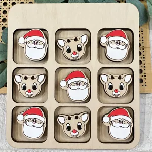 Jeu de Société Tic Tac Toe en Bois de Noël Père Noël et Renne Gravé au Laser Jeu Éducatif pour Enfants Cadeau Décoratif Maison
