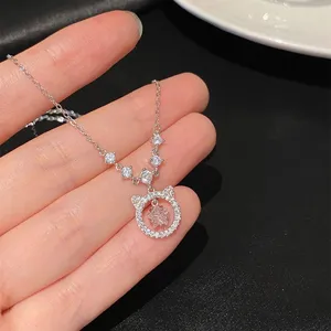 Fashion Copper Pink Rhinestone Cat Pendant Necklace For Women Light Luxury Star Design Clavicle Chain Jewelry Gift