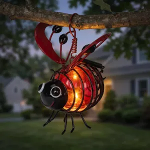 Solar Powered Metal Bee Garden Decor Outdoor Iron Art Insect Hanging Ornament Decorative Glass Lantern For Patio Yard Home
