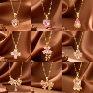 Stainless Steel Chain Copper Pendant Rhinestone Heart Butterfly Clover Necklace For Women Fashion Sweet Light Luxury Jewelry