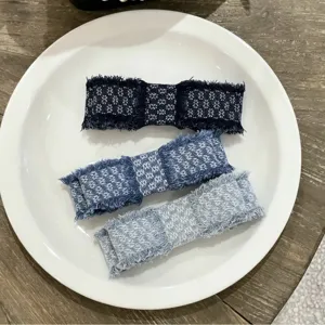 Vintage Denim Blue Embroidered Bow Hair Clip Frayed Edge Double Bow Spring Clip Elegant Ponytail Clip For Women Jewelry