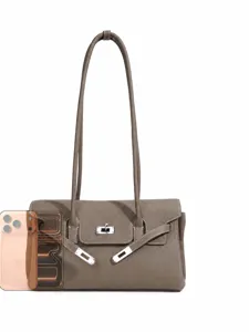 Graubraune Ledertasche mit Narbenprägung, zwei Henkeln, silbernem Drehverschluss, 30 cm breit