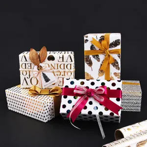 Papier Cadeau Marquage à Chaud Or Motif Géométrique À Pois Rayure Plume Papier Couché Pour Anniversaire Mariage Fête Emballage Cadeau