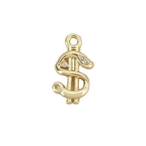 Gold-plated dollar sign pendant with sparkling zircon stones and a top loop, shown on a white background