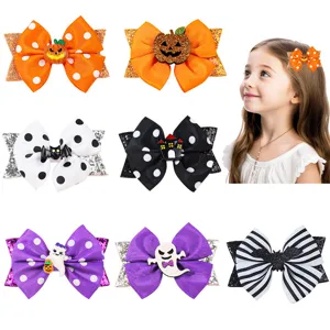 Handmade Halloween Hair Clips For Kids Pumpkin Bat Ghost Bow Hairpins Girls Festive Party Hair Accessories