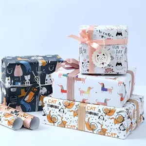 Cute Cartoon Gift Wrapping Paper Coated Paper For Birthday Party Childrens Day Gift Packaging DIY Craft Paper Cat Dog Pattern