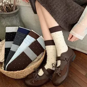 Damen Retro Japanische Polka Dot Wadenhohe Socken Gestrickte Polyester Baumwolle Farbblock Crew Socken Für Den Alltag Mode