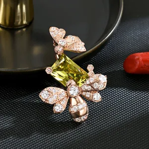 Spilla a Doppia Ape in Oro Rosa di Lusso con Zirconia Cubica Intarsiata Cristallo Giallo Corsage per Donna Abito Cappotto Gioielli